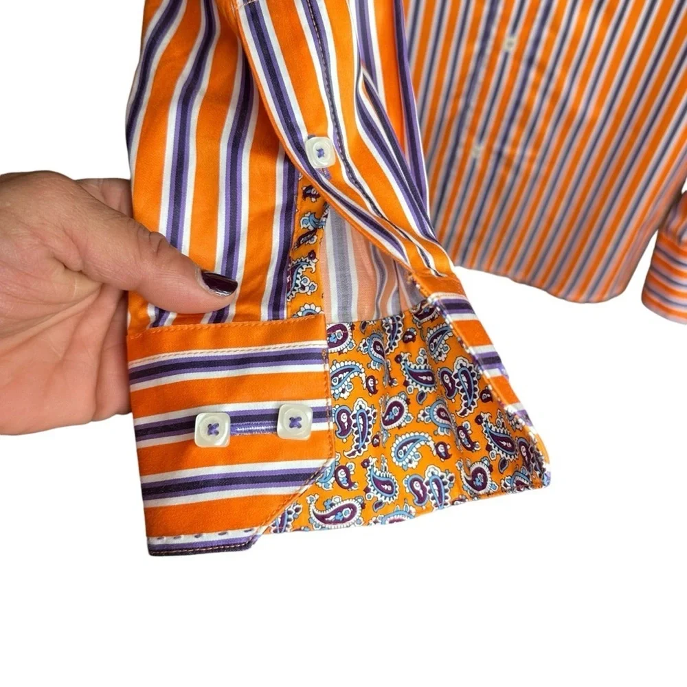 Bugatchi Orange Purple Striped Long Sleeve Button-Up Dress Shirt Sz M Modern Fit - Picture 13 of 15
